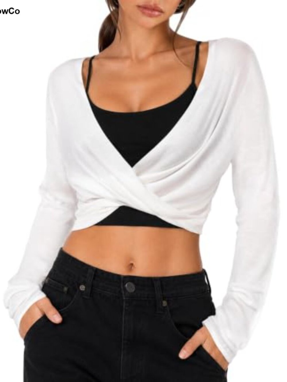 Women's V Neck Twist Front Long Sleeve Crop Top